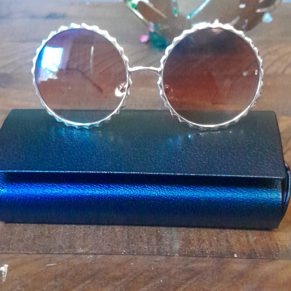 Linda Farrow Round Sunglasses with Gold Scalloped Frame and Brown Lenses
